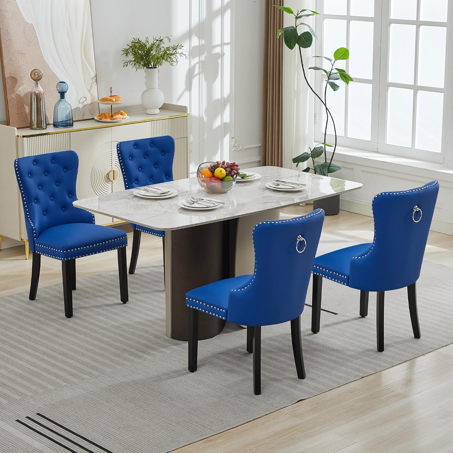 adochr PU Leather Dining Chairs Set of 6, Tufted Upholstered Dining Room Chair with Pull Ring and Solid Wood Legs, Blue