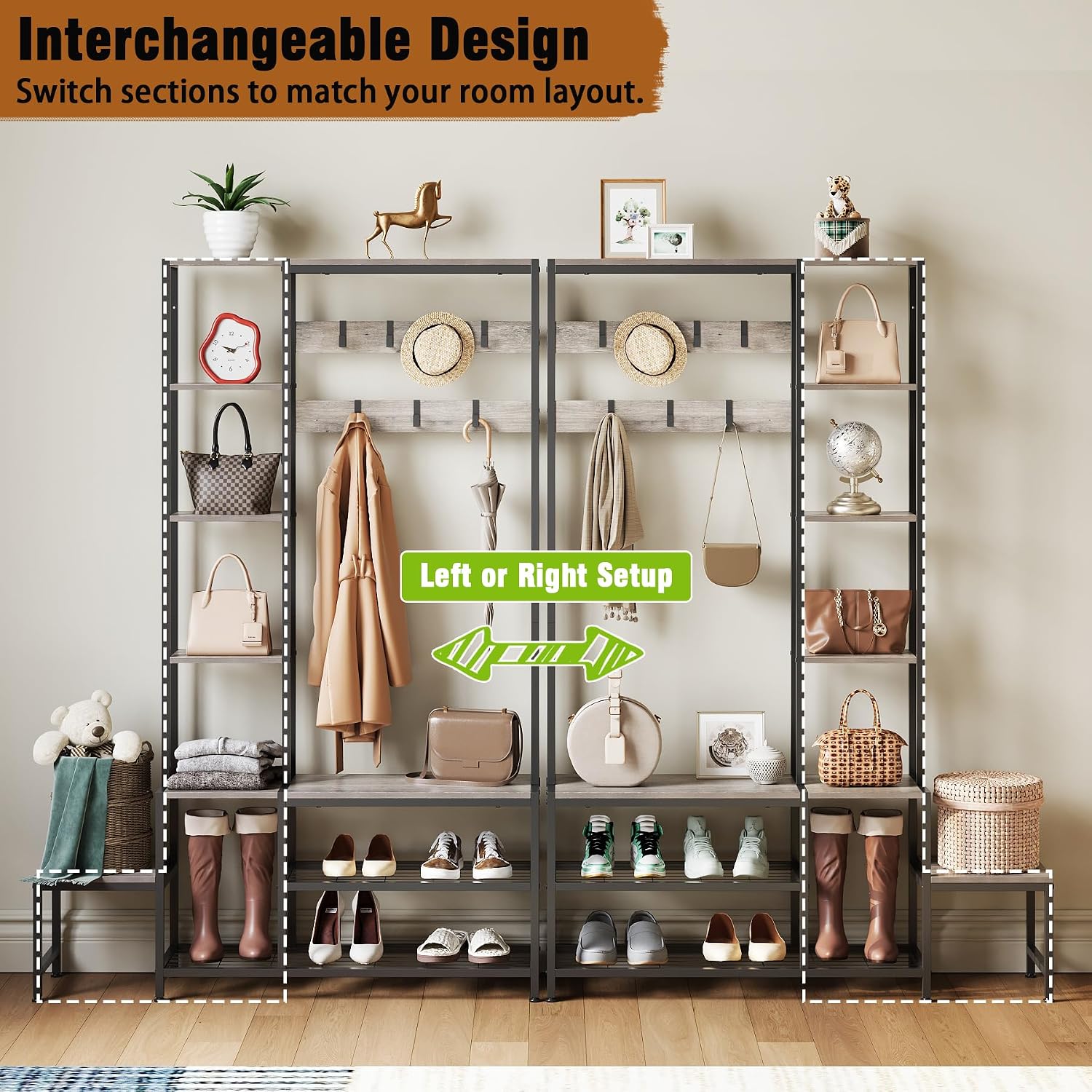 Espelism Hall Tree with Shoe Storage Bench Coat Rack with 7 Hooks Interchangeable 4 Tier Side Storage Shelves Small Cute Side Bench Industrial 5-in-1 Entryway Coat Rack for Hallway Mudroom Bedroom