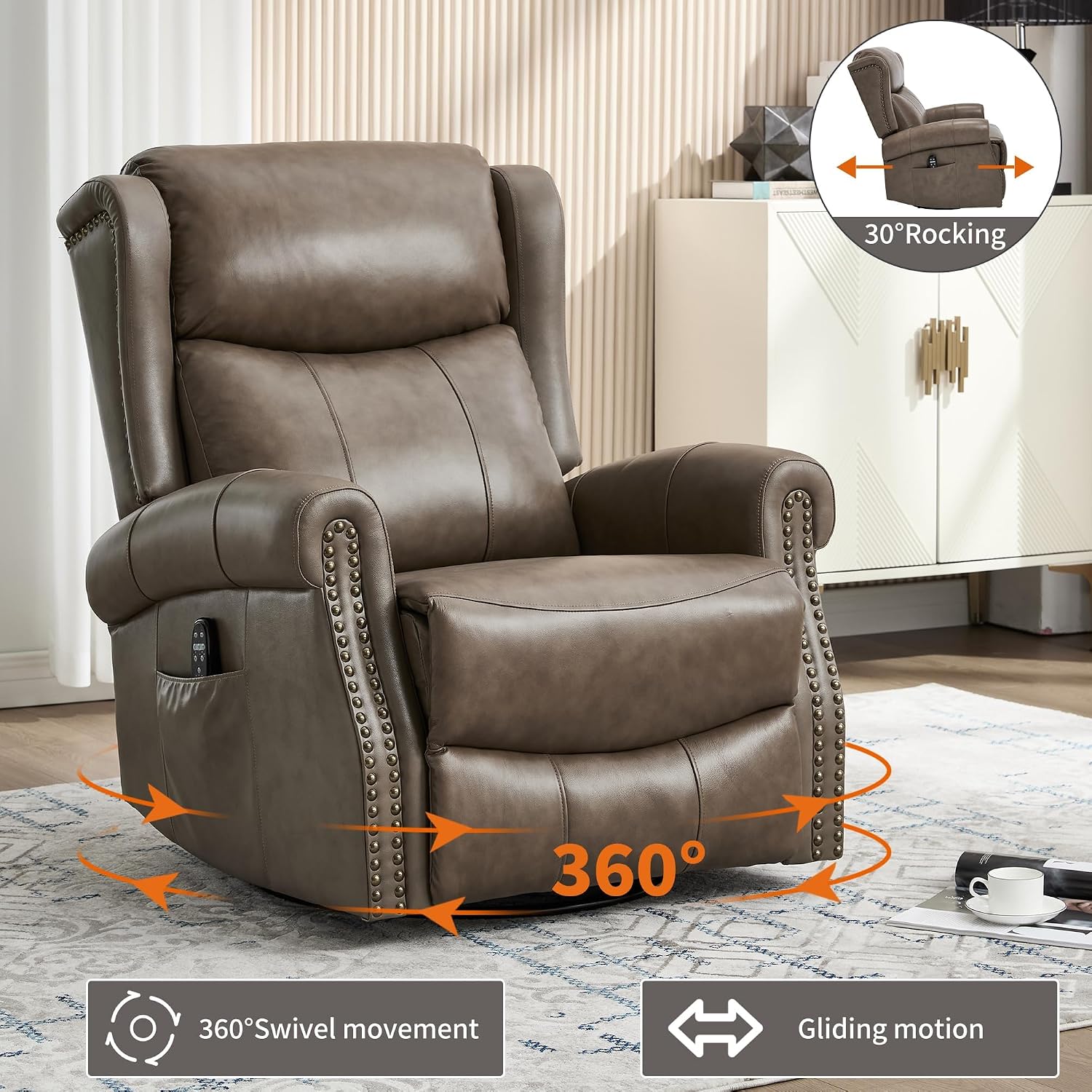 PELUMY Genuine Leather Swivel Rocking Recliner Chair for Adults, 360° Swivel Glider Rocker with Heat & Vibrating Massage, Lounge Chair for Living Room, Bedroom, Nursery Grey