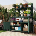 66'' Outdoor Wood Potting Bench Table, Farmhouse Garden Workstation with 2 Shelves, 2 Cabinets & 3 Side Hooks for Backyard, Mudroom, Green