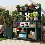 66'' Outdoor Wood Potting Bench Table, Farmhouse Garden Workstation with 2 Shelves, 2 Cabinets & 3 Side Hooks for Backyard, Mudroom, Green