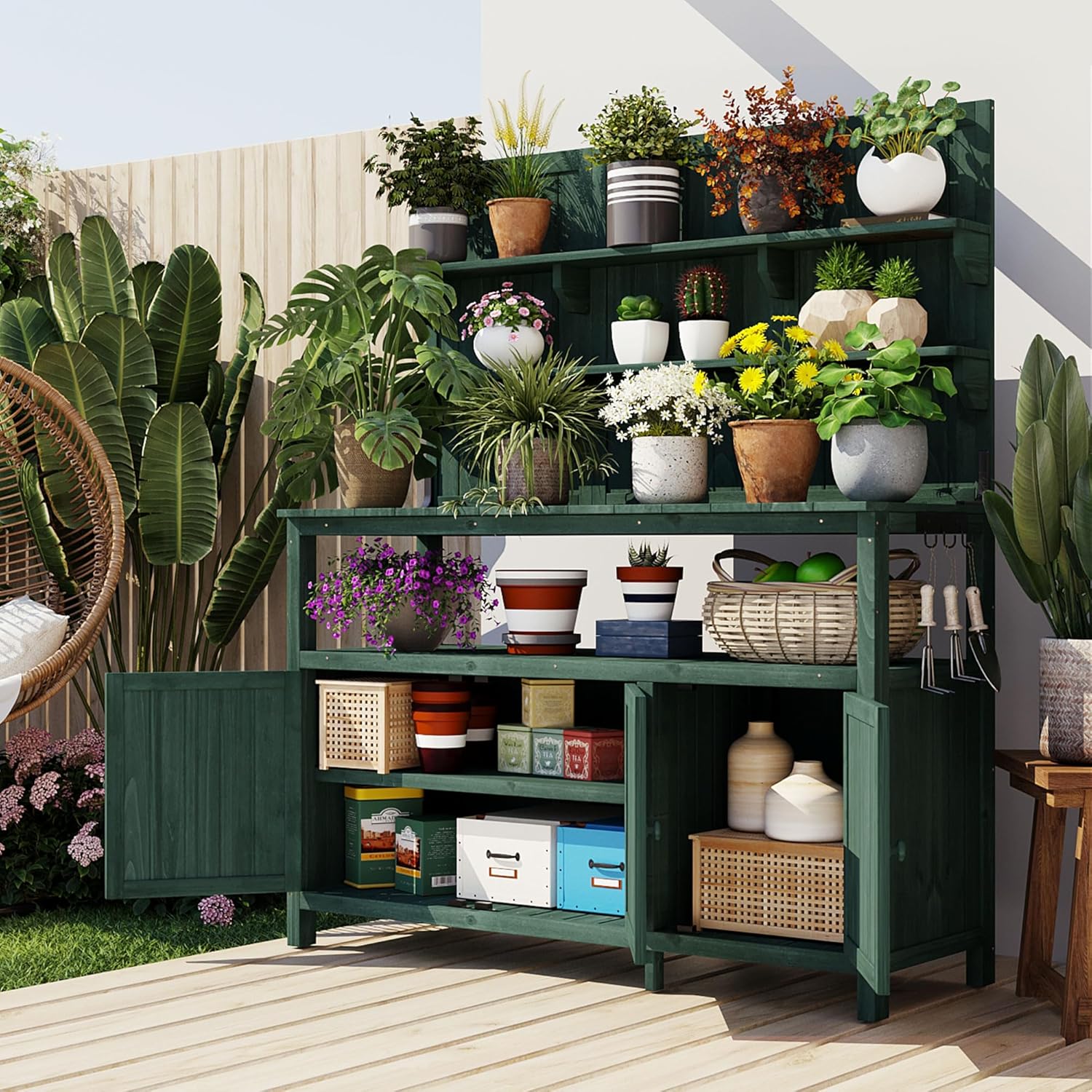 66'' Outdoor Wood Potting Bench Table, Farmhouse Garden Workstation with 2 Shelves, 2 Cabinets & 3 Side Hooks for Backyard, Mudroom, Green