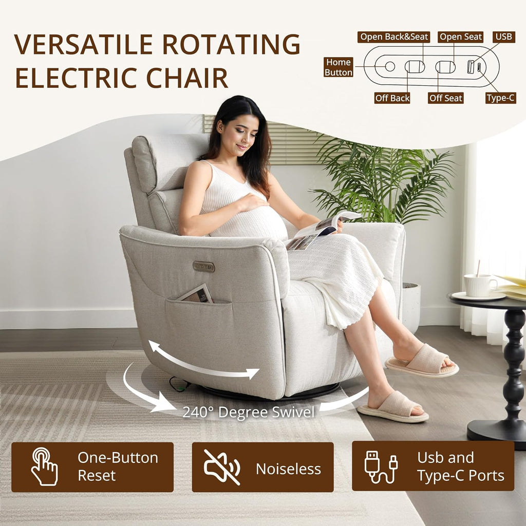 Power Rocking Chair Nursery Glider Recliner with Adjustable Headrest, Dual Motor Chenille Swivel Rocker Recliner Chair with USB Port and Storage Bags, FSC, CertiPUR-US® Certified, Crockery Grey