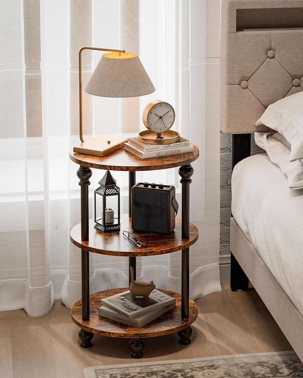 Small Round Side Table - 3 Tier Accent End Table for Narrow Spaces, Sturdy Metal Frame with Wood Finish and 44 Lbs Capacity per Shelf, Nightstand or Bedside Use for Living Room, Rustic Brown