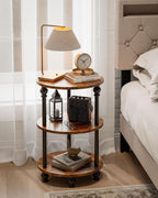 Small Round Side Table - 3 Tier Accent End Table for Narrow Spaces, Sturdy Metal Frame with Wood Finish and 44 Lbs Capacity per Shelf, Nightstand or Bedside Use for Living Room, Rustic Brown