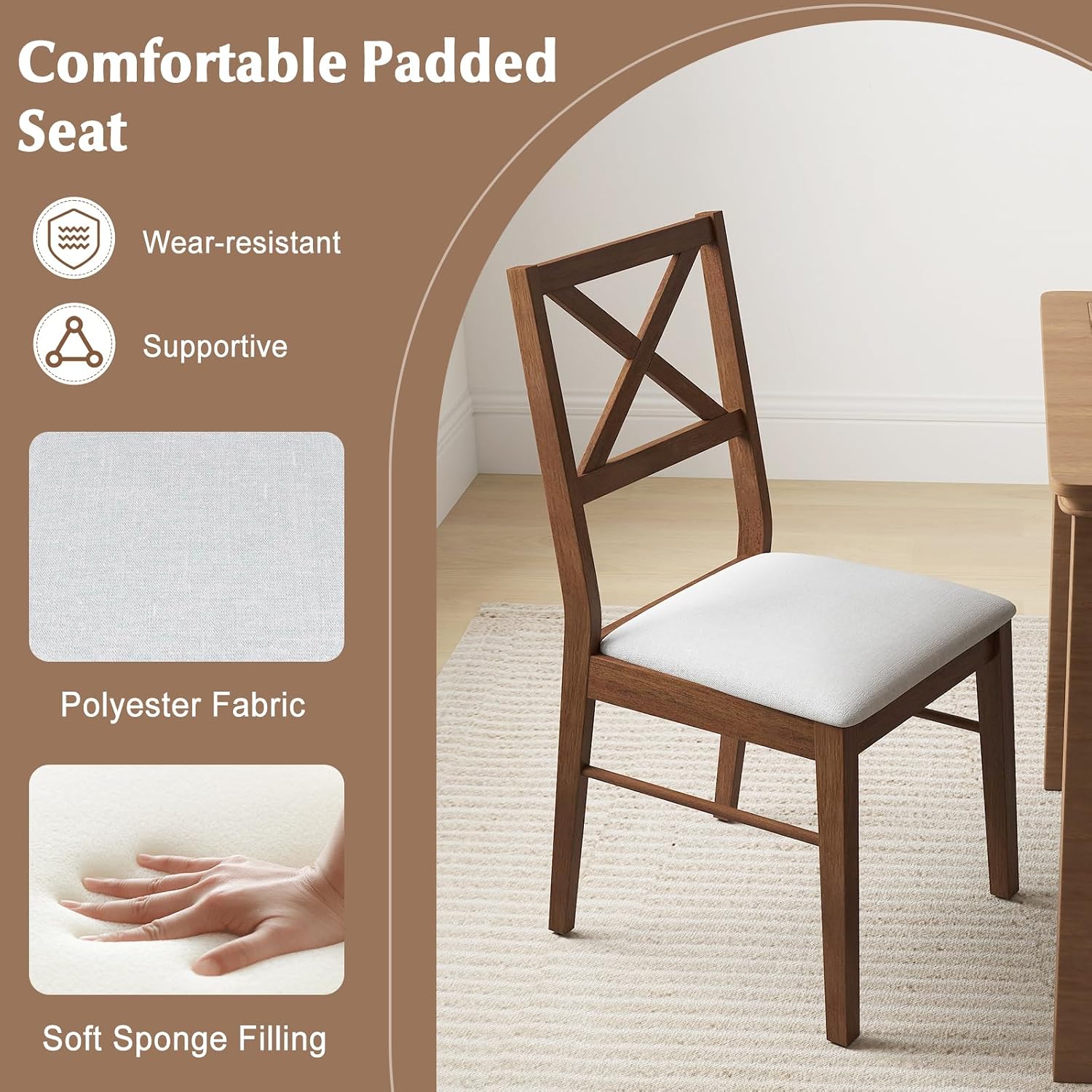 COSTWAY Wood Dining Chairs Set of 4, Upholstered Farmhouse Modern Dining Room Chairs with Backrest and 400LBS Capacity for Kitchen (Brown)