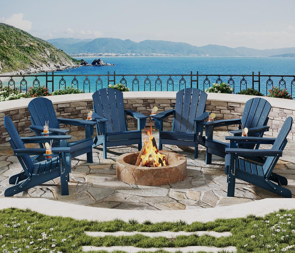 Garvee Folding Adirondack Chair Set of 6, HDPE Outdoor Patio Chair with Cup Holder, All Weather Resistent Wooden Textured for patios, Decks, Gardens, fire Pit, Navy Blue