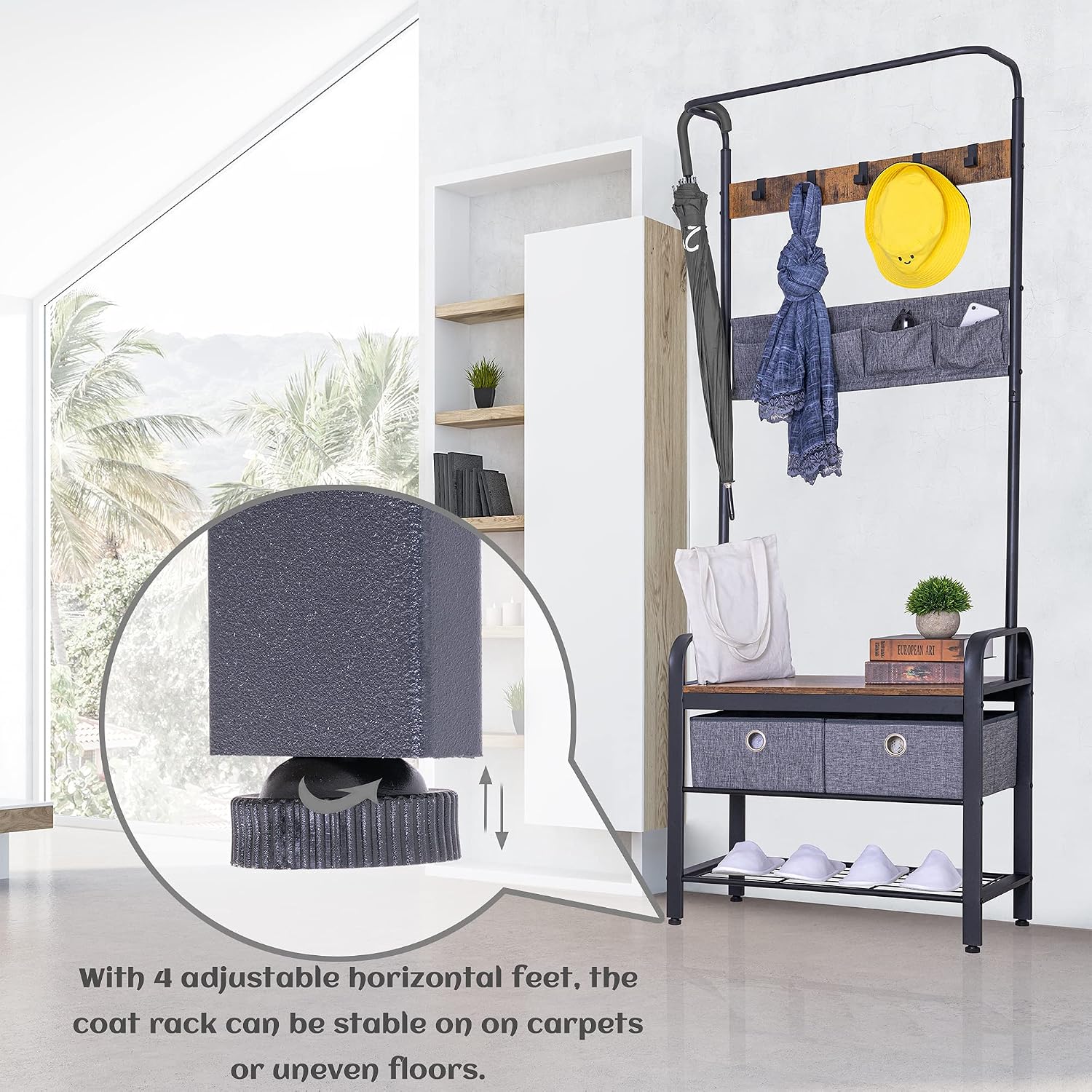 Sunnyglade Vintage Coat Rack 3 in 1 Hall Tree Entryway Organizer Shoe Rack | Entryway Organizer with Shoe Bench, Vintage 3-in-1 Hall Tree Coat Rack, Metal Frame, 5 Hooks, 4 Pockets & 2 Storage Boxes