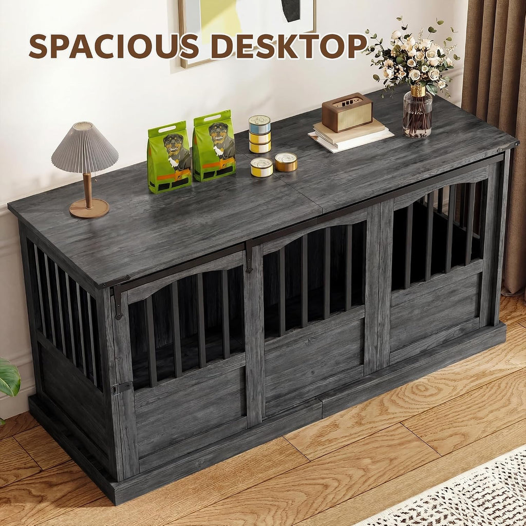 Homiflex 53 Inch Wooden Dog Crate Furniture Heavy Duty Dog Kennel Furniture with Sliding Doors for Large Breed Decorative Solid Wood Dog Cage End Table for Indoor, Grey