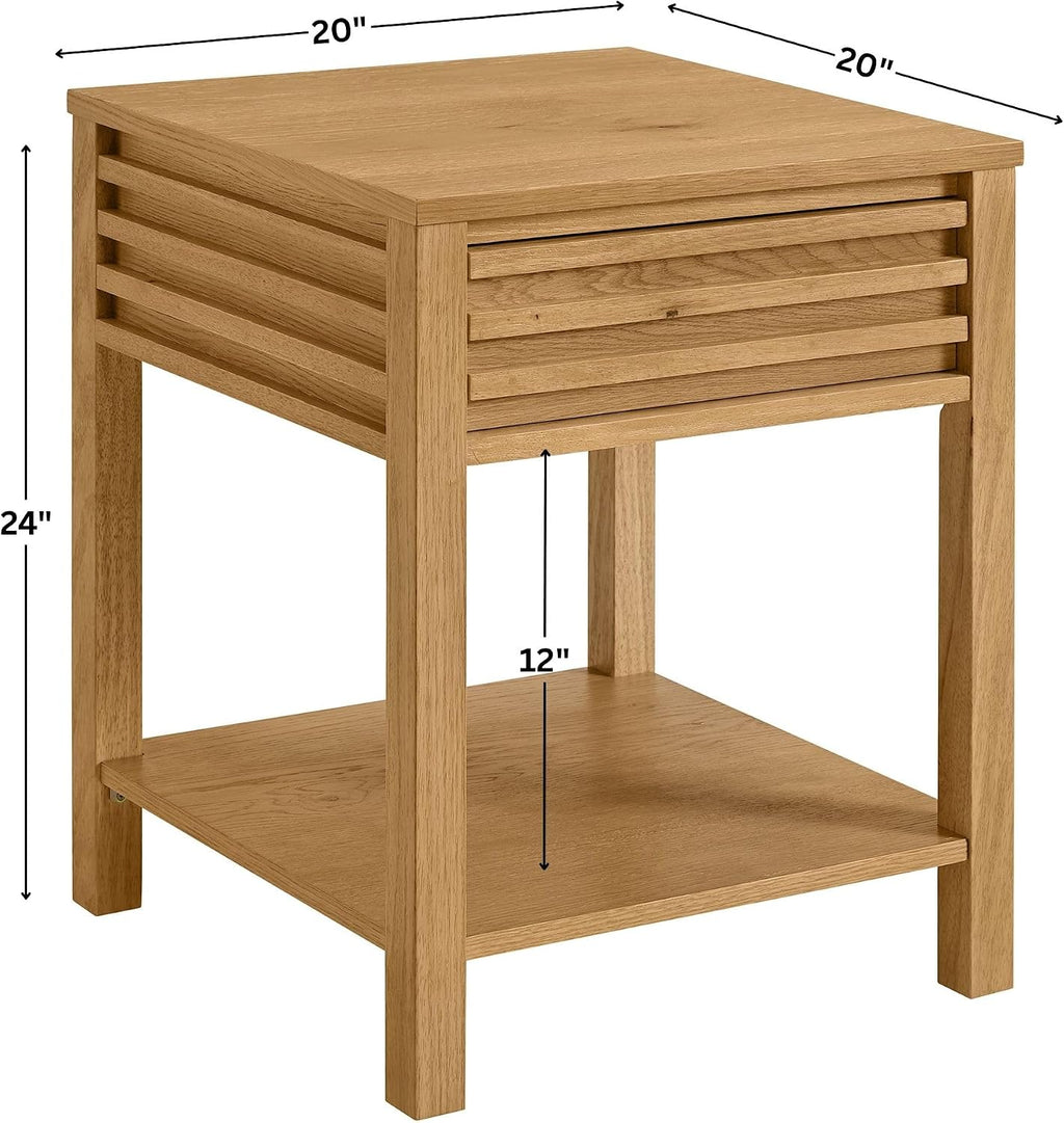 Martin Svensson Home Julian Genuine Oak Wood End Table, 20 Inch Square, Mid Century Modern Side Table with Drawer and Lower Shelf for Living Room, Light Oak Natural