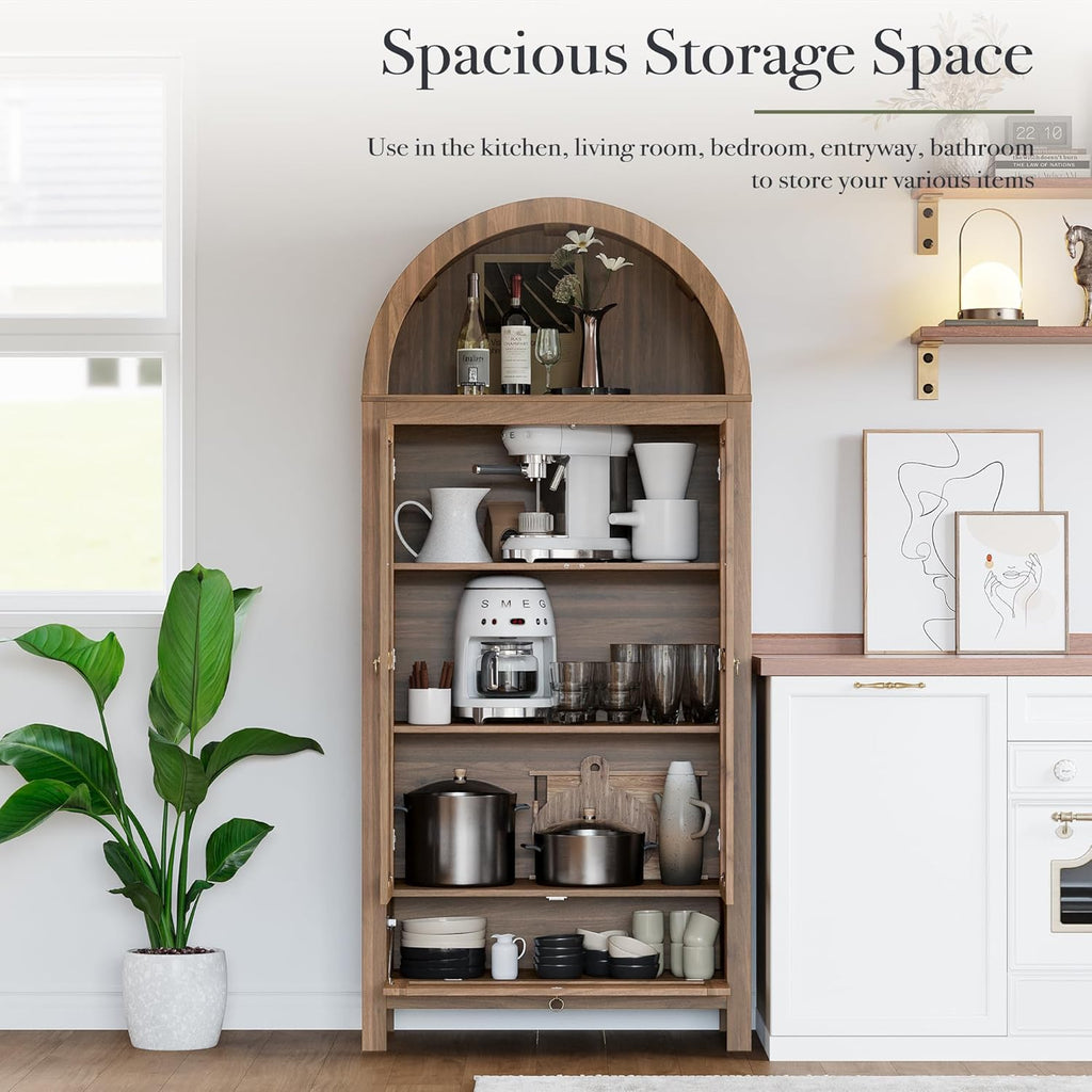 71” Tall Arched Kitchen Pantry Cabinet, Modern Farmhouse Hutch Storage Cabinets with Large Drawer and Glass Doors for Kitchen, Dining Room, Living Room, Natural