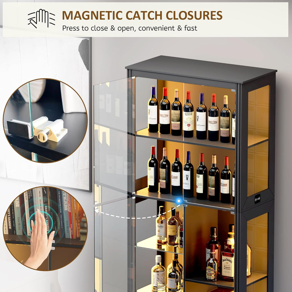 71” Display Cabinet with Glass Doors, Modern Curio Cabinet with 3 Color Lights, 7-Tiers Glass Display Cases for Collectibles, Tall Lego Storage Cabinet with Human Body Sensor, Gift for Father (Black)