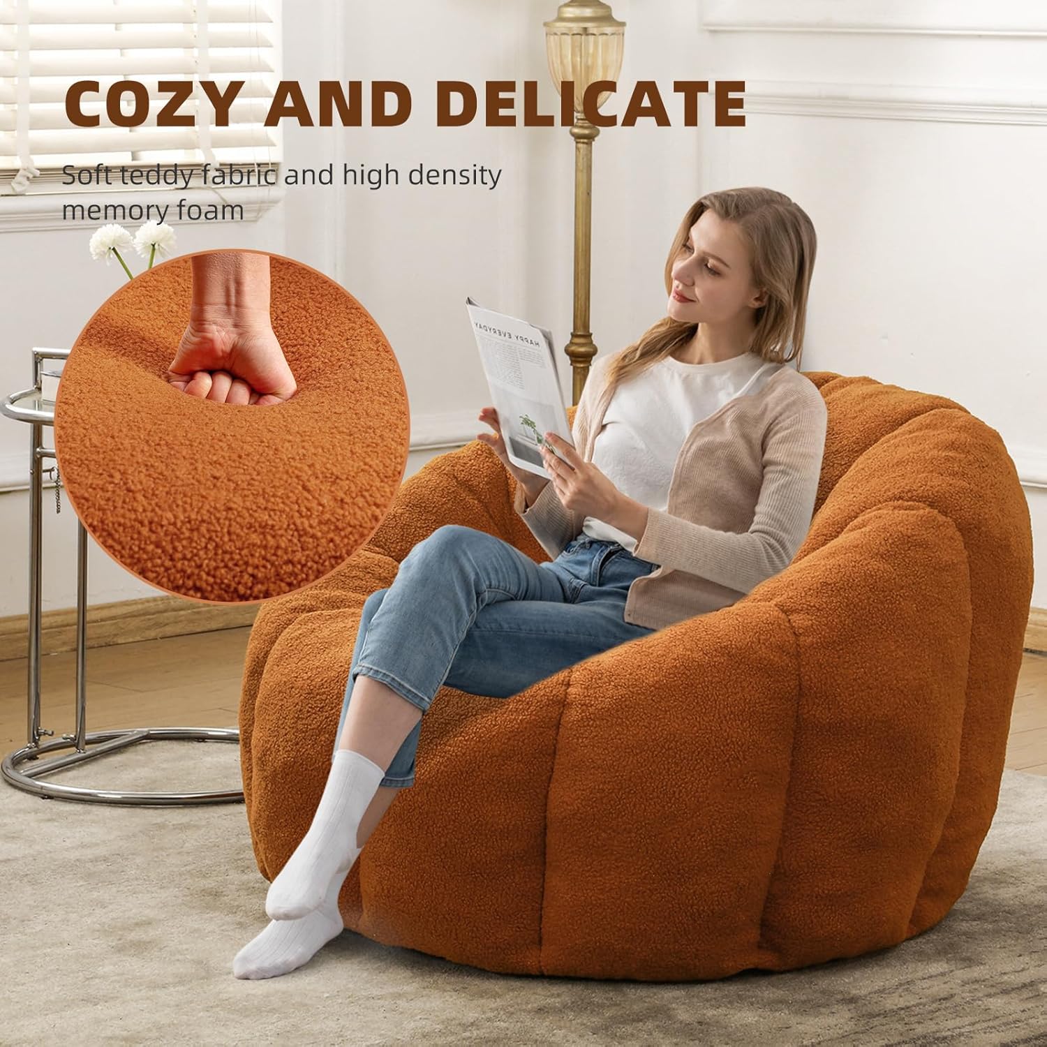 Bean Bag Chair, Large Beanbag Chairs with Filling, Bean Bag Chair with Filler, Stuffed Beanbag Chairs for Living Room (Teddy Fabric in Orange Brown, No Ottoman)