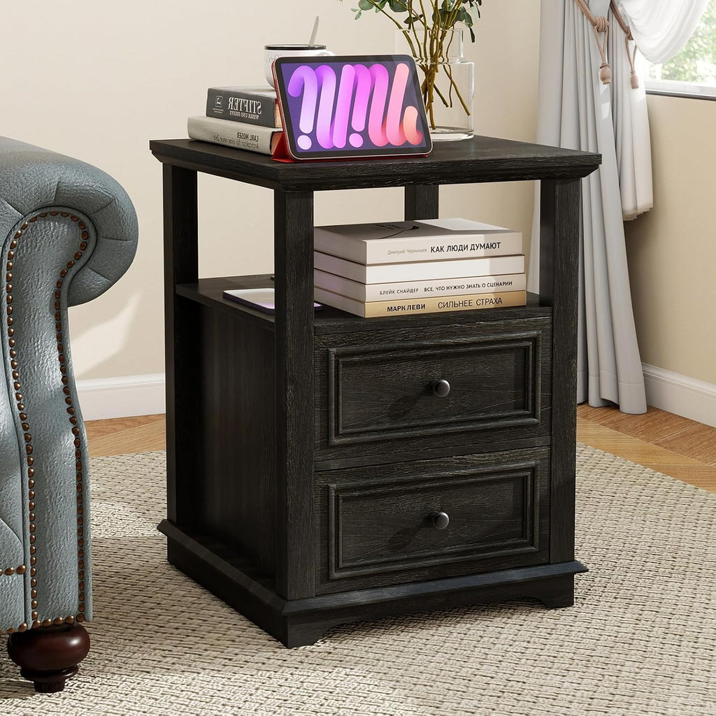 MUUEGM Night Stand with Charging Station, Dark Rustic Nightstands 18 Inch Bedside Table with 2 Storage Drawers and Open Shelf, Modern Wood End Table for Bedroom, Living Room, Closet, Office