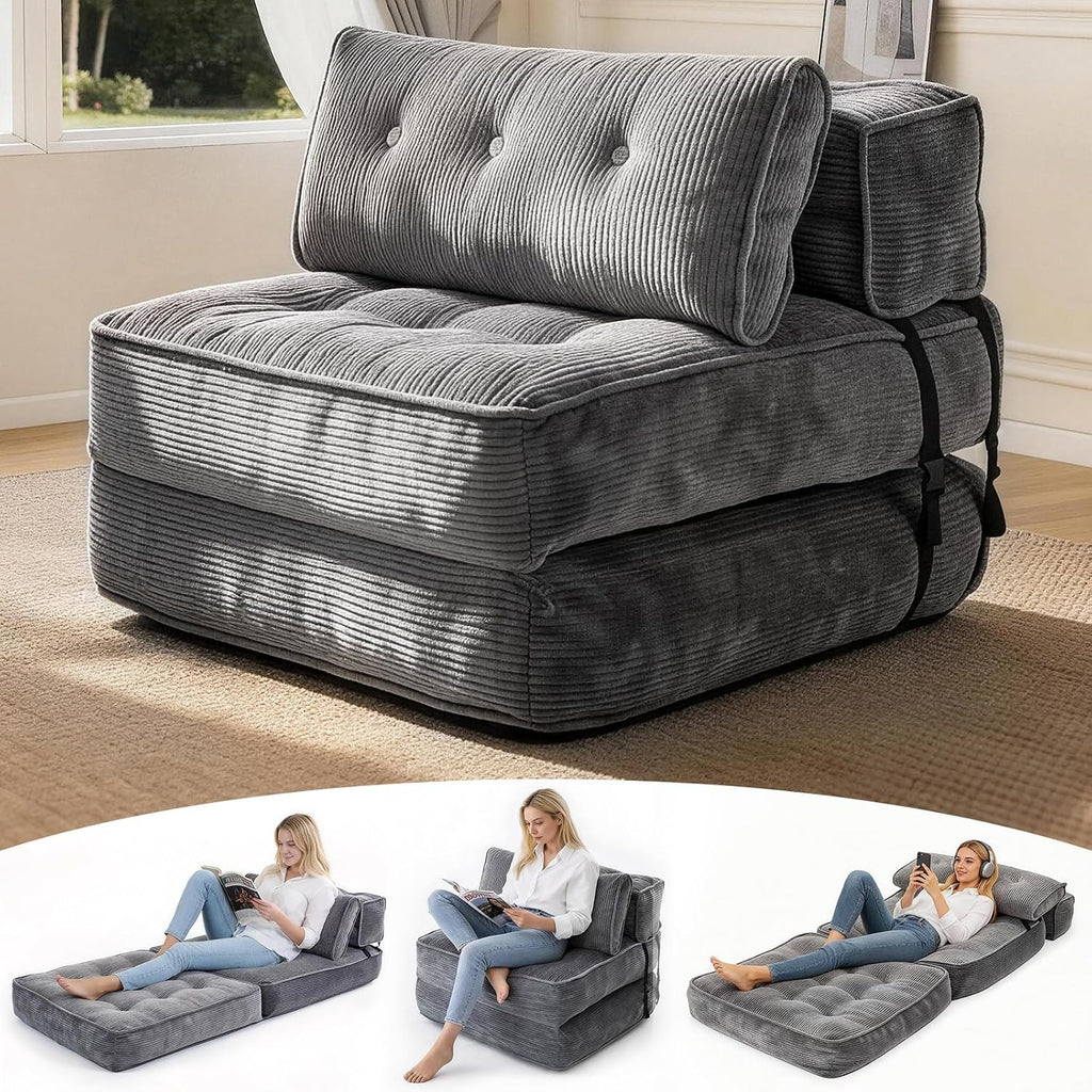 Folding Sofa Bed, Convertible Single Sleeper Chair with Back Support & Pillow, Multifunctional Fold Out Chair Bed for Small Space Living Room Bedroom Guest Office (Grey)