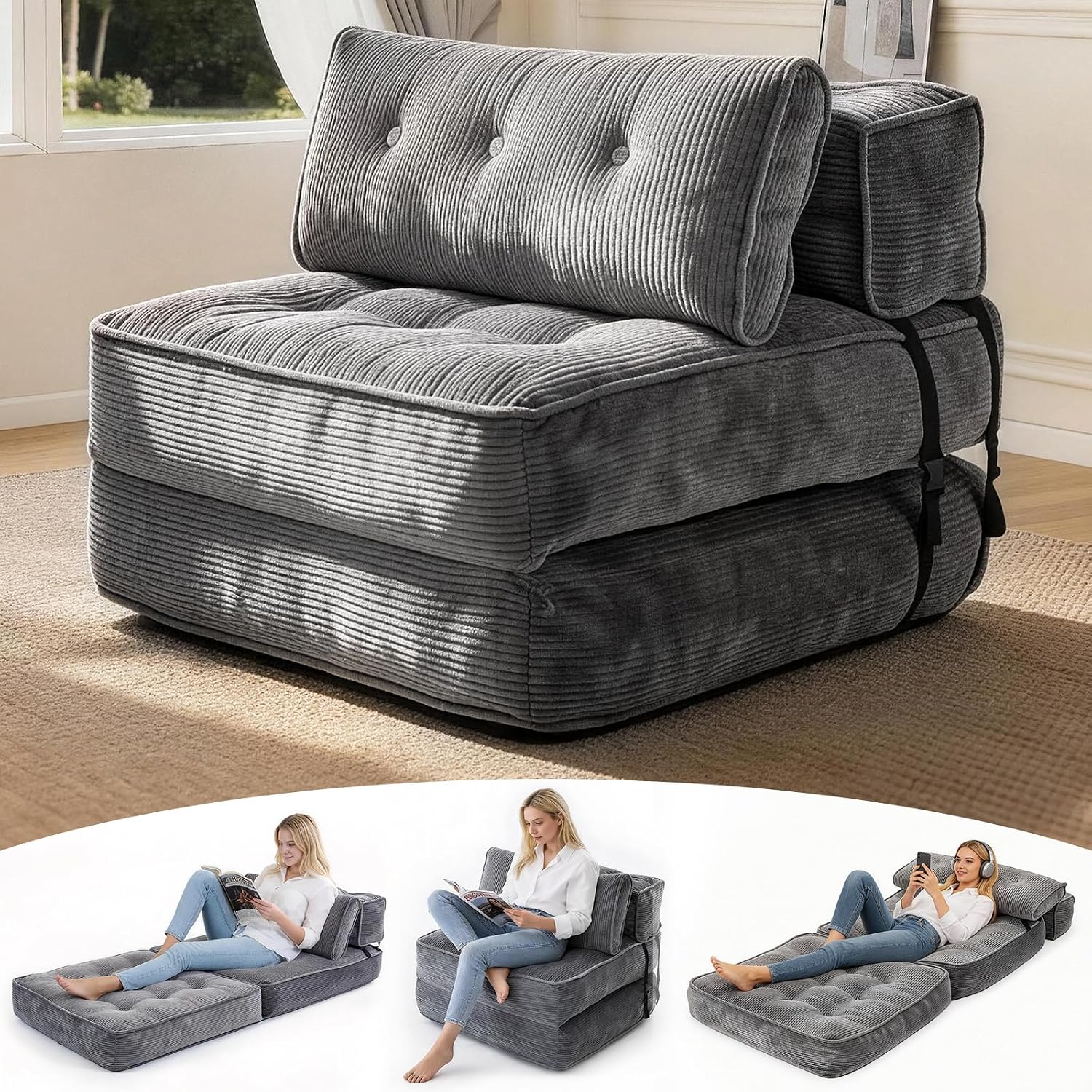 Folding Sofa Bed, Convertible Single Sleeper Chair with Back Support & Pillow, Multifunctional Fold Out Chair Bed for Small Space Living Room Bedroom Guest Office (Grey)