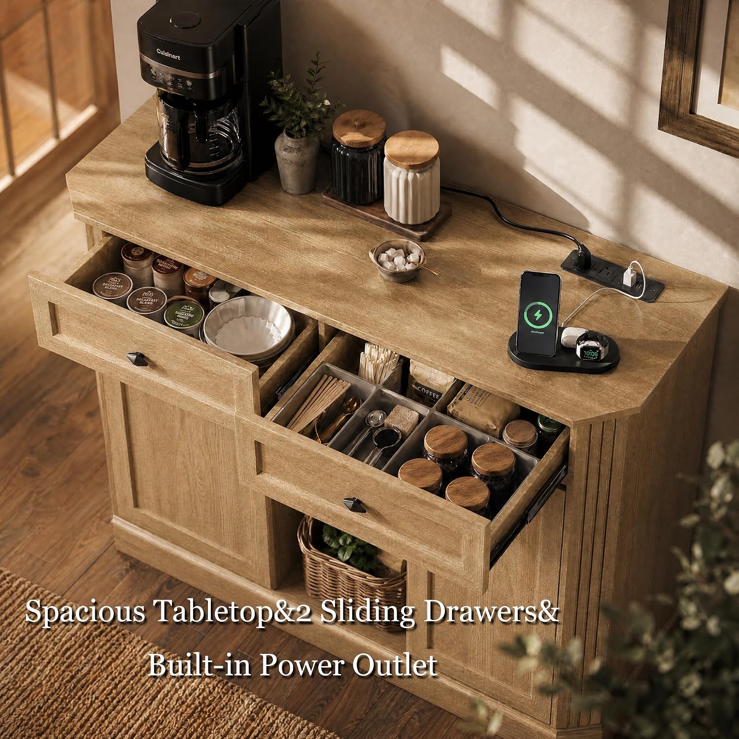 Natural Oak Coffee Bar with 2 Drawers & 2 Doors, LED Wine Bar Cabinet with Wine Glasses, Coffee Station with Built-in Outlets, Buffet Cabinet Sideboard with Extra Storage for Living Room Kitchen
