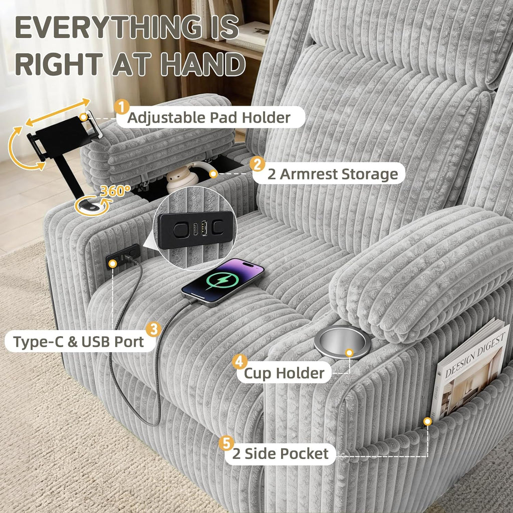 EROMMY Power Oversized Swivel Rocker Recliner with Massage and Heat, Nursery Rocking Chairs for Living Room, Comfy Glider Chair with Cup Holders, Armrest Storage,USB&Type-C Ports,Grey