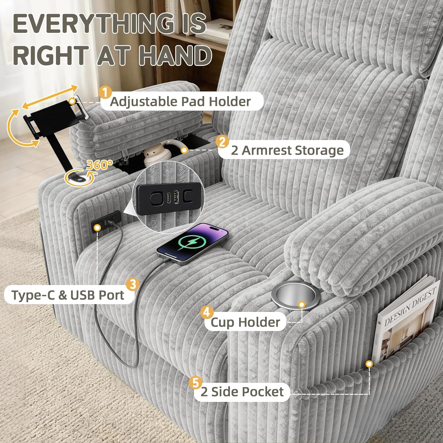 EROMMY Power Oversized Swivel Rocker Recliner with Massage and Heat, Nursery Rocking Chairs for Living Room, Comfy Glider Chair with Cup Holders, Armrest Storage,USB&Type-C Ports,Grey