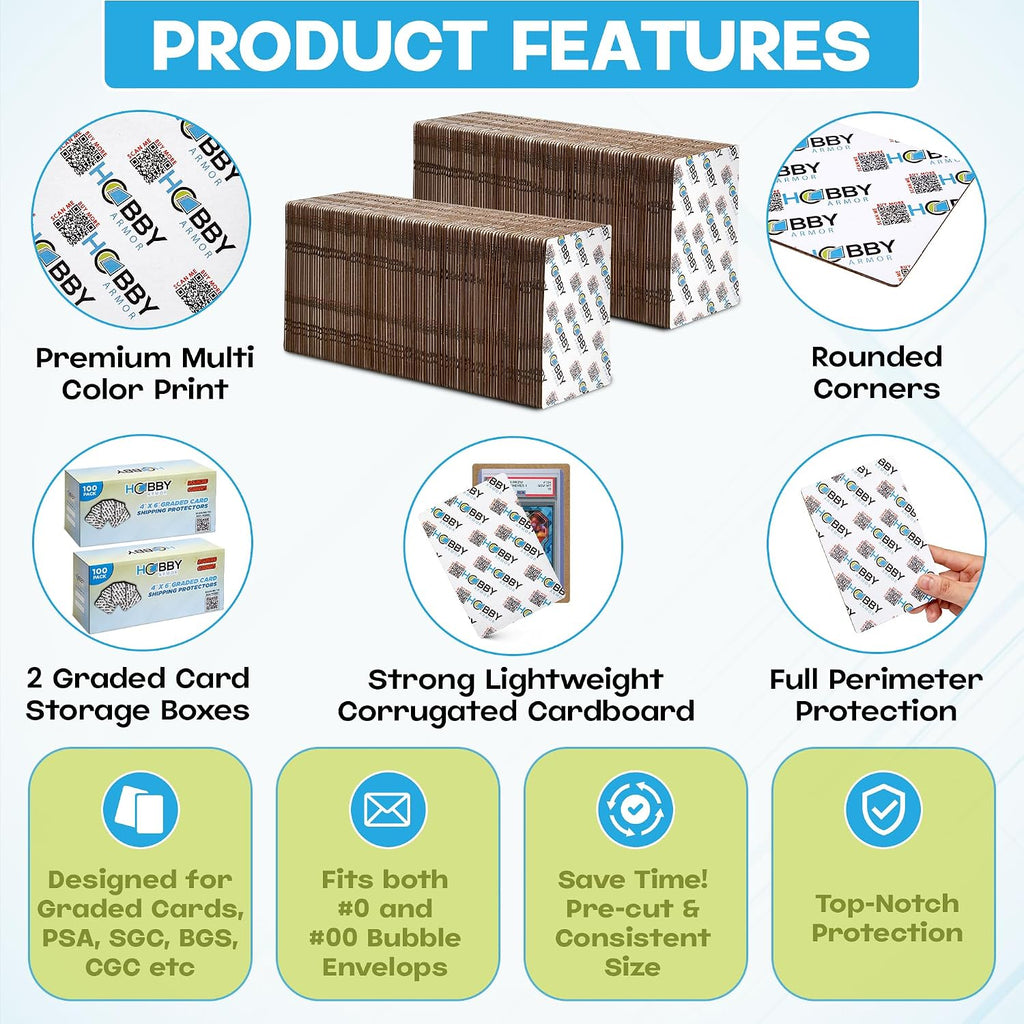 200 Pack Graded Trading Card Shipping Protector by Hobby Armor, 4" x 6" with Rounded Corners, Vibrant Multi-Color Card Protector to Guard Cards from Dings, Premium Cardboard Slab Shipping Supplies