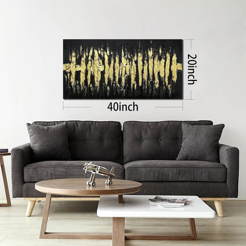 Large Hand Painted 3D Canvas Wall Art for Living Room, Neutral Abstract Black and Gold Texture Minimalismt Painting Handmade Picture Artwork Wall-Decor for Bedroom Home Decoration, Size 40x20 inches