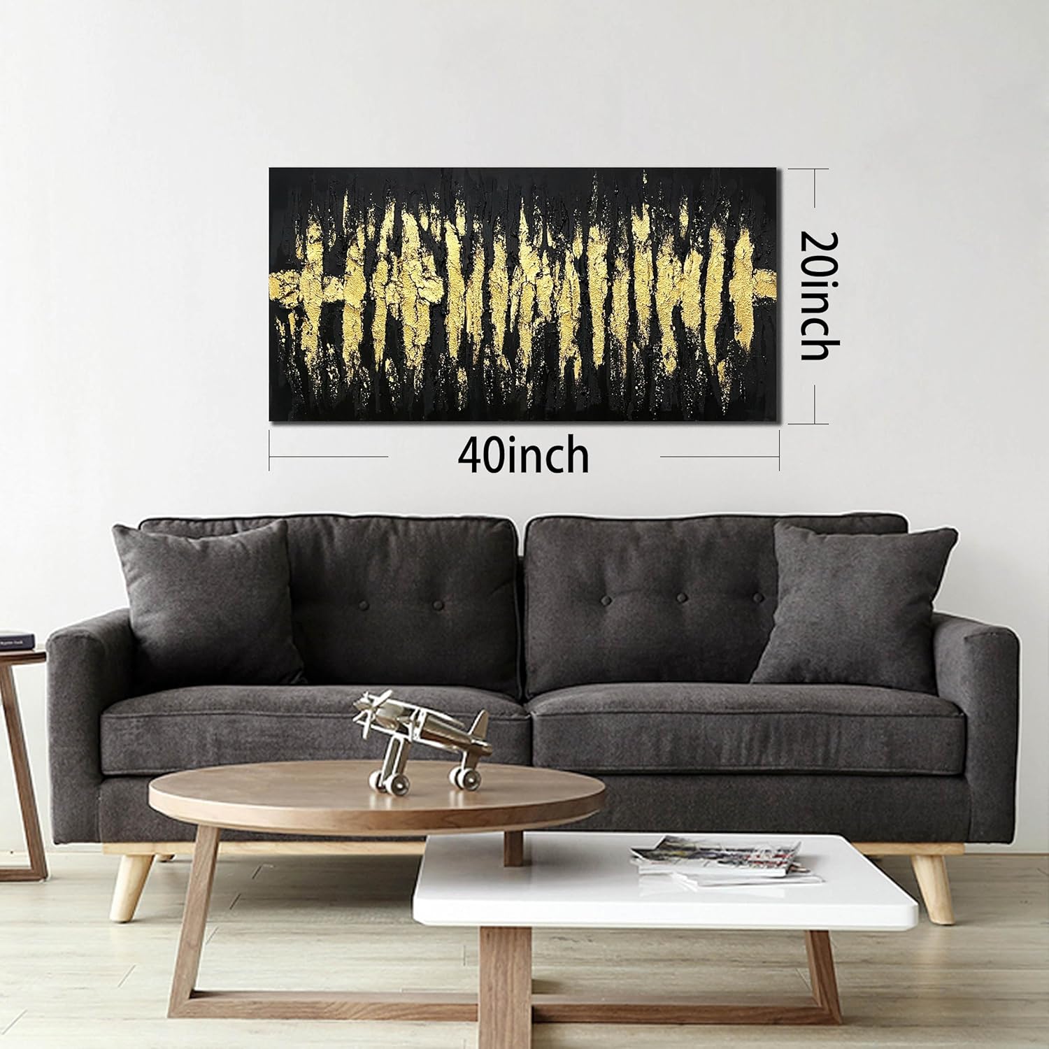 Large Hand Painted 3D Canvas Wall Art for Living Room, Neutral Abstract Black and Gold Texture Minimalismt Painting Handmade Picture Artwork Wall-Decor for Bedroom Home Decoration, Size 40x20 inches
