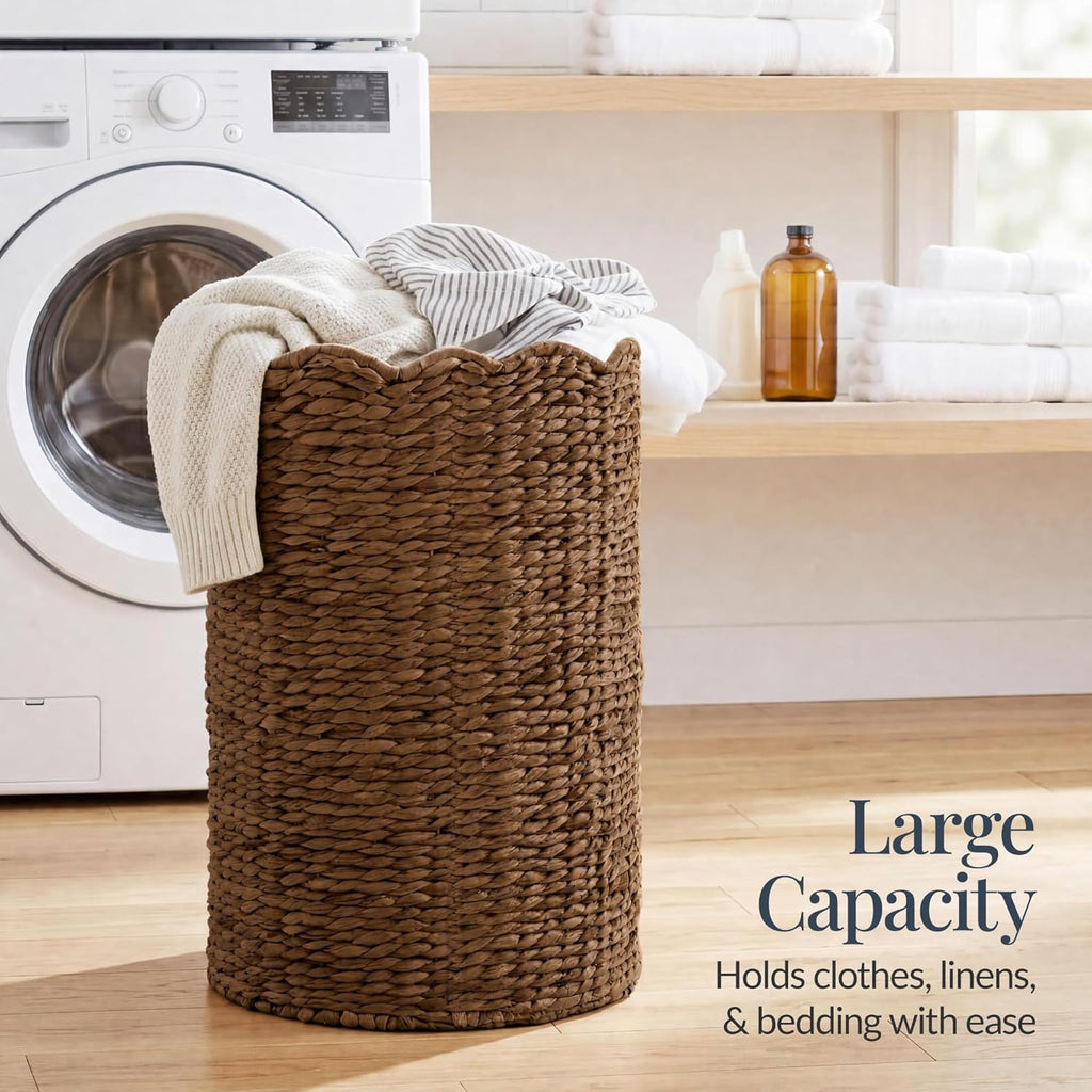 Best Choice Products Scalloped Laundry Large Round Hamper, Handwoven Laundry Basket for Clothes, Towels, Blankets, Multipurpose Storage Organizer For Laundry Room or Closet - Chestnut