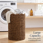 Best Choice Products Scalloped Laundry Large Round Hamper, Handwoven Laundry Basket for Clothes, Towels, Blankets, Multipurpose Storage Organizer For Laundry Room or Closet - Chestnut