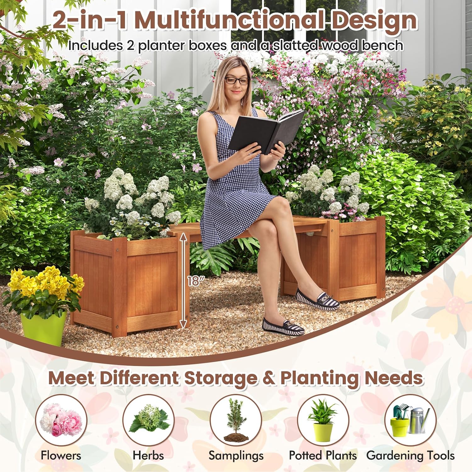 Planter Box Bench Outdoor, Wood Patio Bench with 2 Wood Planter Boxes, Raised Plant Container Garden Bench for Outdoor, Patio, Yard, Deck & Balcony