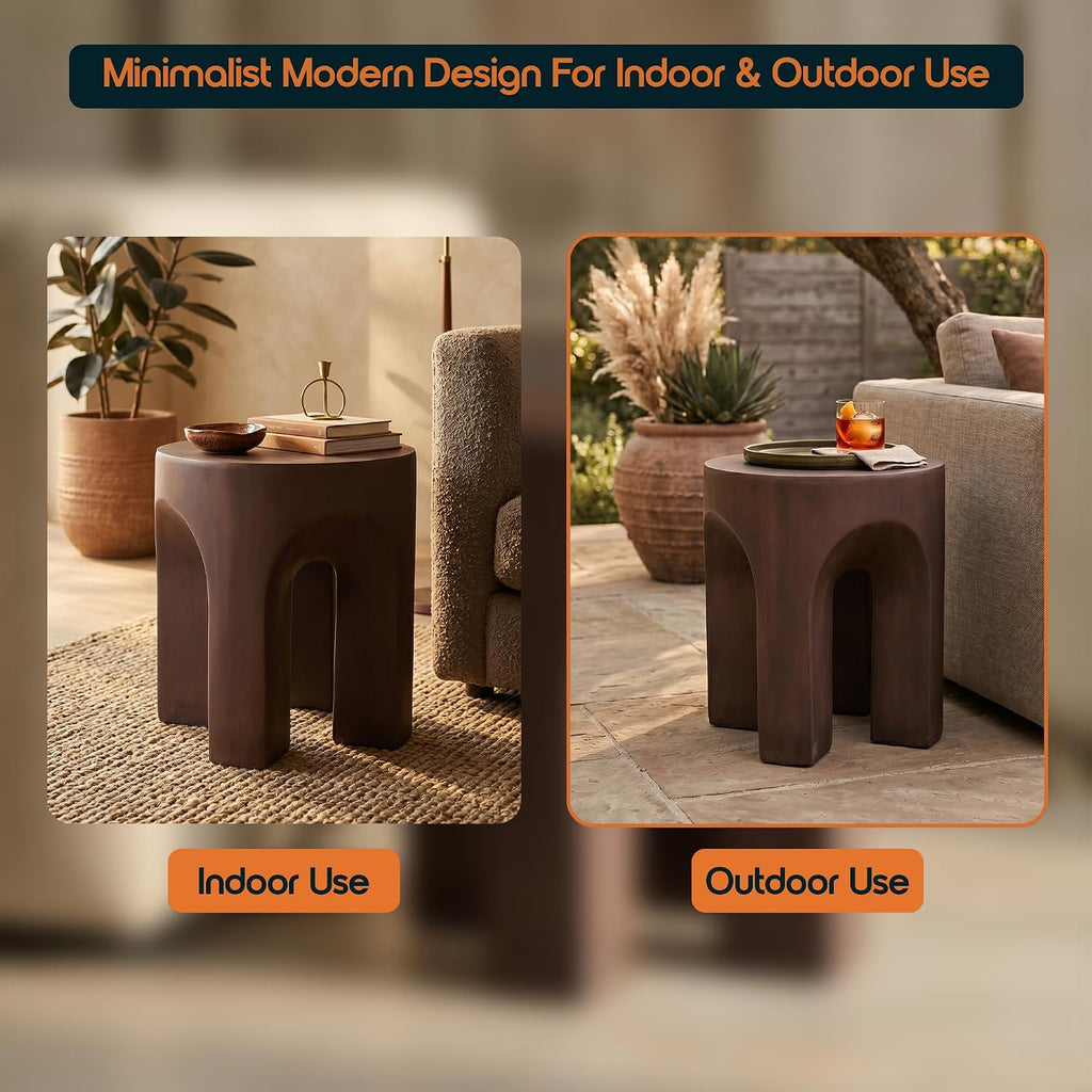 LeisureMod Round Side Table in Fiberstone with Arched Base Design Compact Weather-Resistant for Modern Home, Living Room, Bedroom, Patio Crus Collection (Wood Brown)