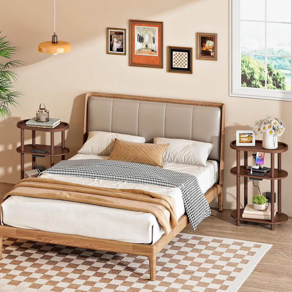 HOOBRO Small Narrow Side Table with Charging Station, 3-Tier Bamboo Narrow End Table, Slim Side Table for Small Spaces, Skinny Oval Nightstand for Living Room, Bedroom, Apartment, Mocha MA178UBZ01
