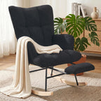Nursing Rocking Chair, Teddy Glider Rocker with Footrest (Black) | Upholstered Accent Rocking Armchair with High Back & Side Pocket for Living Room Bedroom Nursery Office