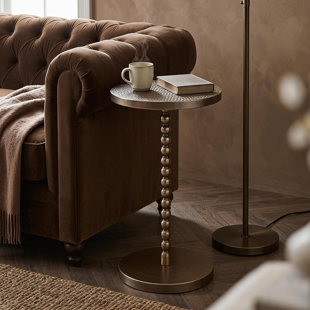 COVLON Drink Table, Small Round Pedestal Side Table, Martini Table for Small Spaces, Gold Accent End Table with Hammered Top, Plant Stand for Living Room, Bedroom, Bathroom, Easy Assembly