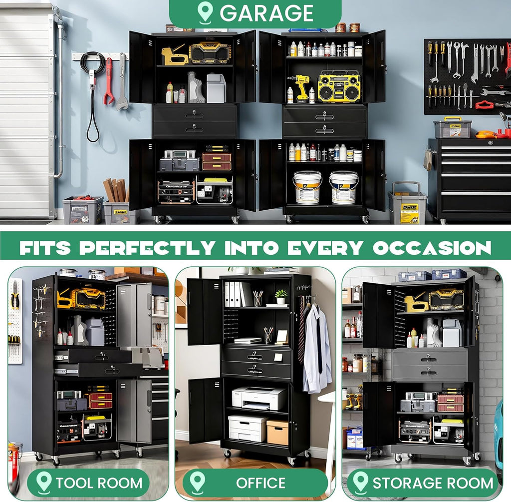 Garage Wall Cabinet, Wall Mounted Cabinet with Up-flip Door and Adjustable Shelf for Garage, Tool Room, Kitchen, Assembly Required (Black, 71''H-2 Doors & 2 Drawer)
