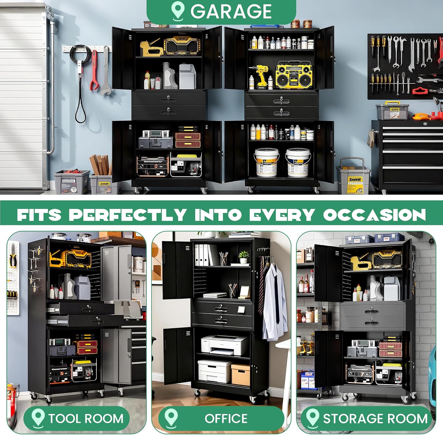 Garage Wall Cabinet, Wall Mounted Cabinet with Up-flip Door and Adjustable Shelf for Garage, Tool Room, Kitchen, Assembly Required (Black, 71''H-2 Doors & 2 Drawer)