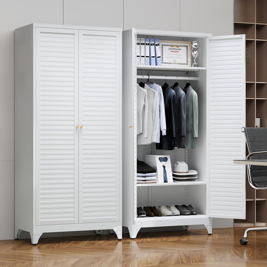 SteeLoong 71" Metal Wardrobe Cabinet with Hanging Rod, Armoire Wardrobe Closet with Doors and Adjustable Shelves, Whiet Clothing Storage Cabinets for Bedroom Office,School,Hospital