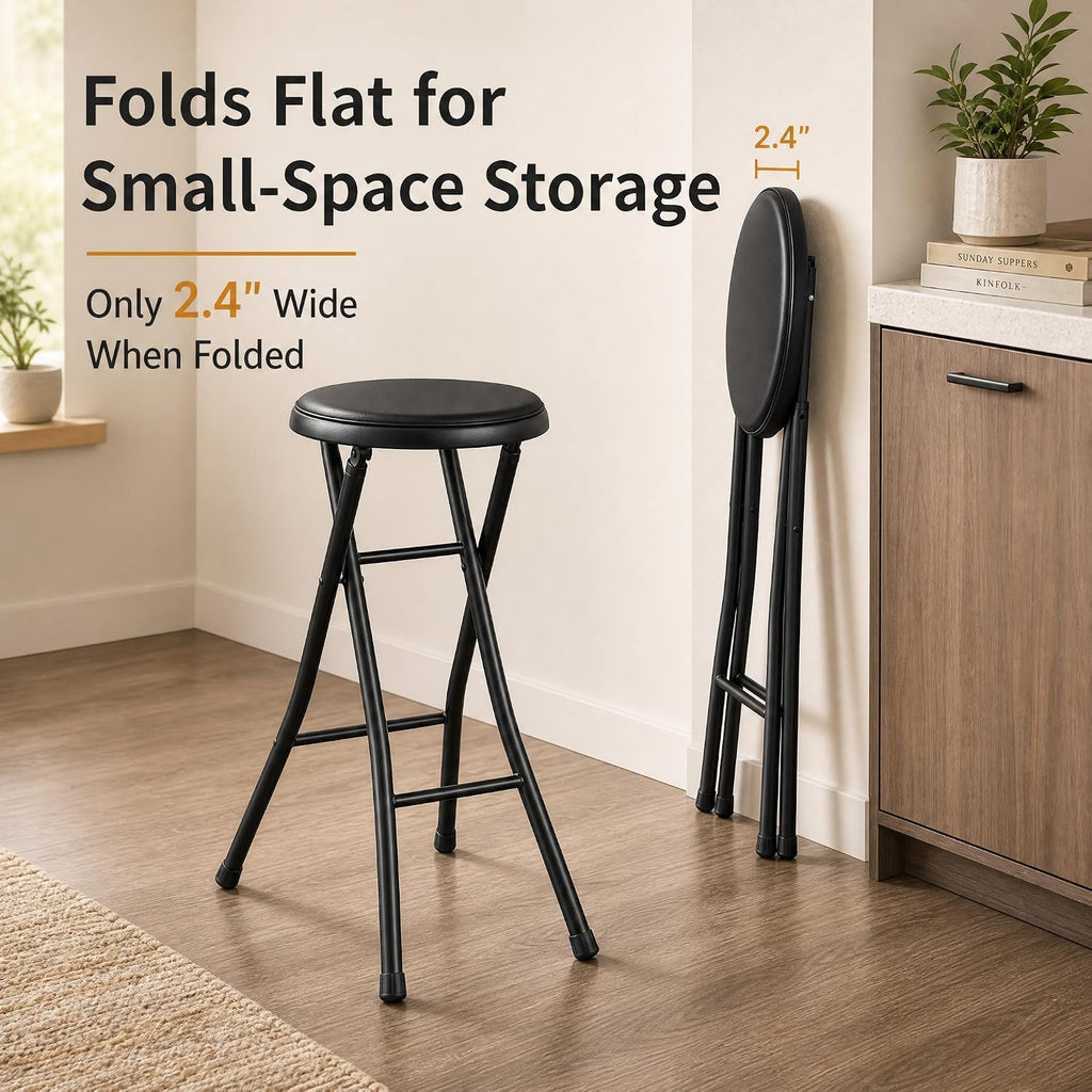 Folding Stool - Backless 24-Inch Stool with 240lb Capacity for Kitchen or Rec Room - Portable Indoor Counter Bar Stools (Black)