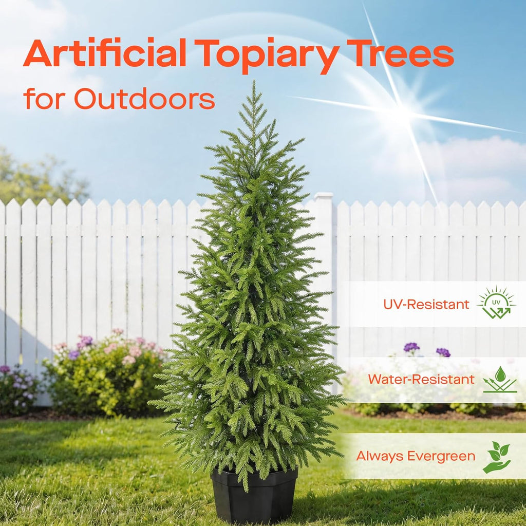 3FT Potted Outdoor Topiary Set of 2, UV Resistant Artificial Outdoor Plants with Cement-Filled Planter Base, Artificial Trees for Front Porch Outside Home Decor Indoor Tall Fake Plants Faux Tree