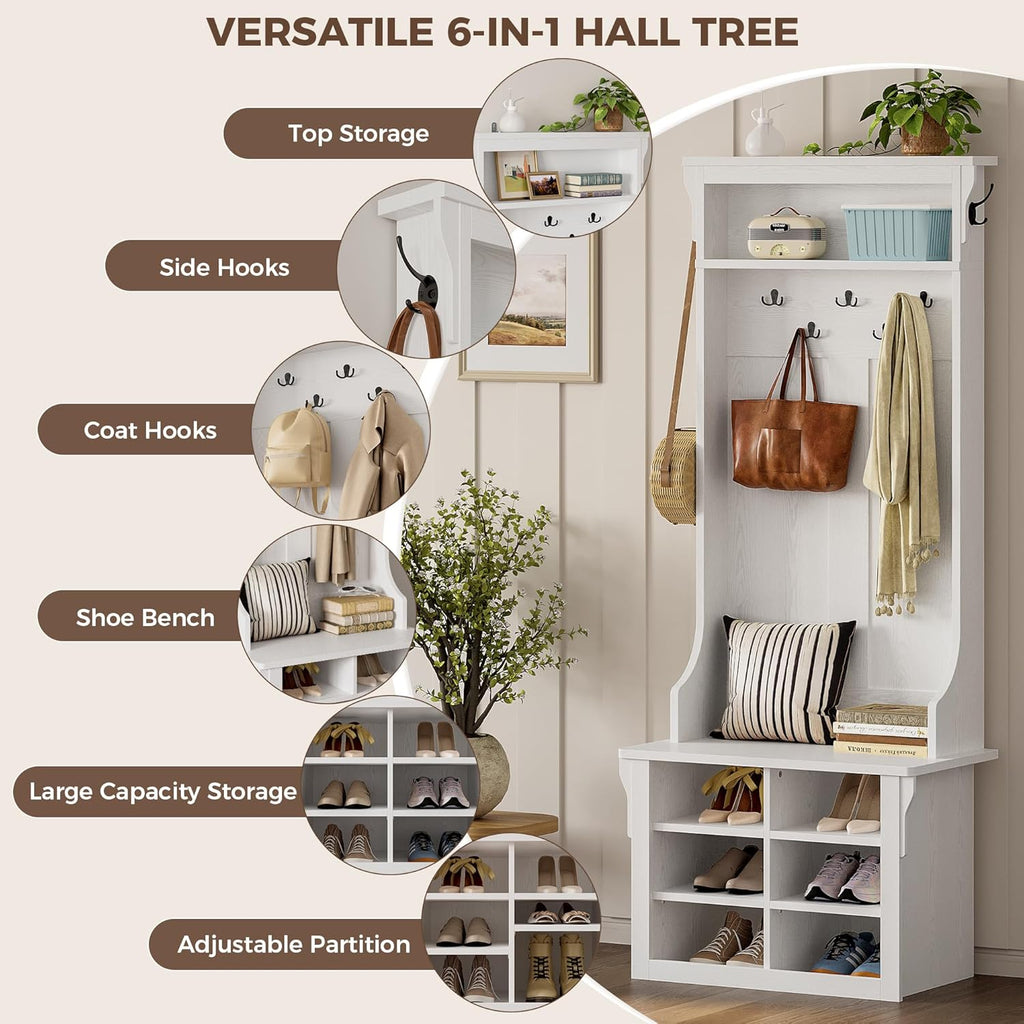 IRONCK Hall Tree with Bench and Shoe Storage, 6-in-1 Entryway Bench with Coat Rack, Adjustable Shelf, Hanging Hooks, 6 Shoe Cubbies, 2-Tier Top Storage, for Entryway, Bedroom, Living Room, White