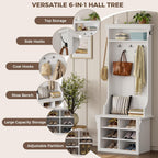 IRONCK Hall Tree with Bench and Shoe Storage, 6-in-1 Entryway Bench with Coat Rack, Adjustable Shelf, Hanging Hooks, 6 Shoe Cubbies, 2-Tier Top Storage, for Entryway, Bedroom, Living Room, White