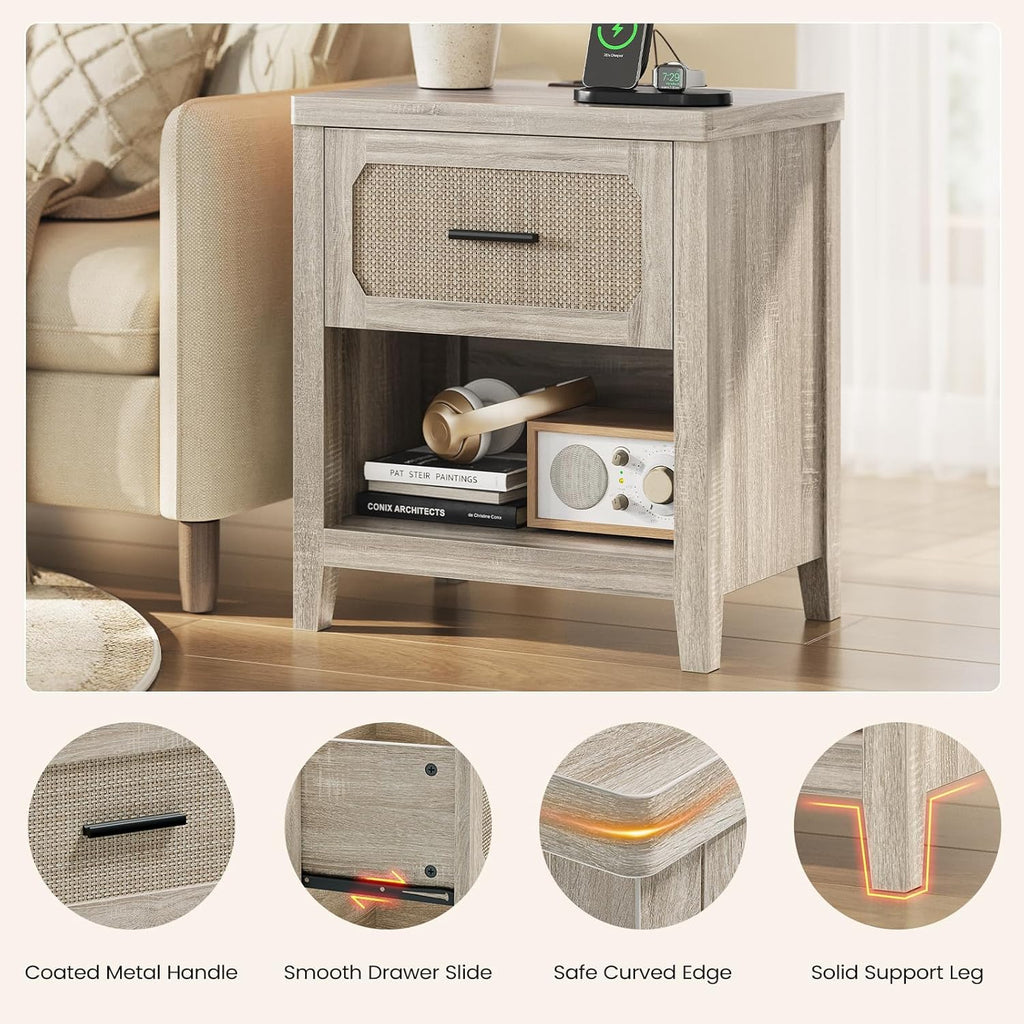 Rattan Nightstand Set of 2 with Charging Station, 22'' Wide Bedside Table with Drawer & Open Shelf, Wood Night Stand End Side Table with Storage for Bedroom, Grey Oak