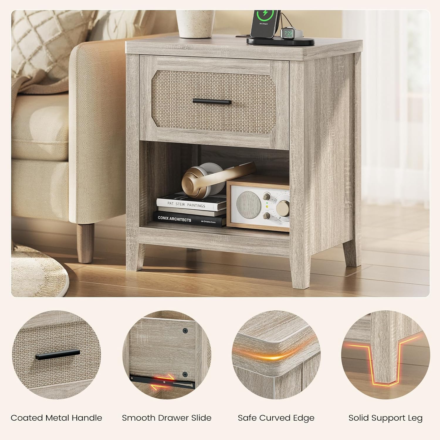 Rattan Nightstand Set of 2 with Charging Station, 22'' Wide Bedside Table with Drawer & Open Shelf, Wood Night Stand End Side Table with Storage for Bedroom, Grey Oak