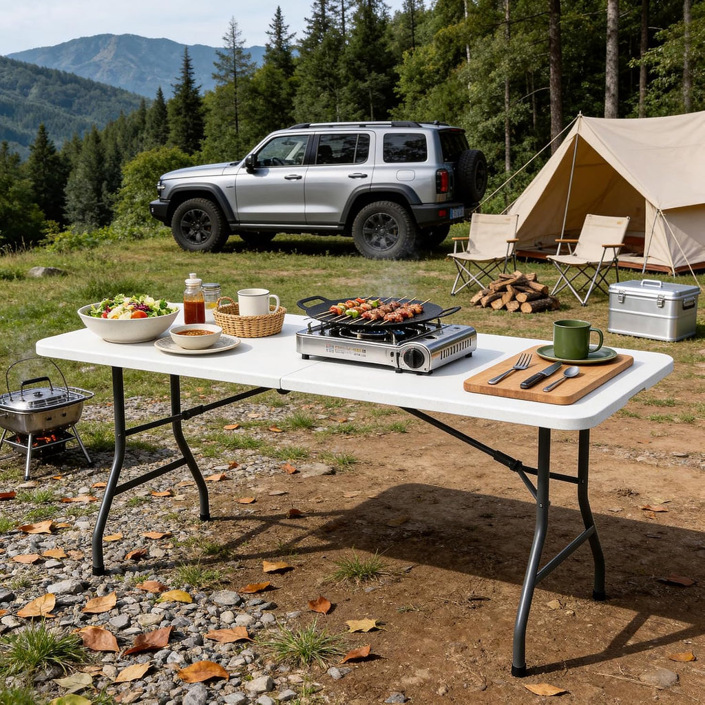 6FT Folding Table 2 Pack, Heavy Duty Fold in Half Plastic Tables with Carry Handle, Portable Indoor Outdoor Utility Table for Party, Picnic, Camping, Banquet, Wedding, RV Travel