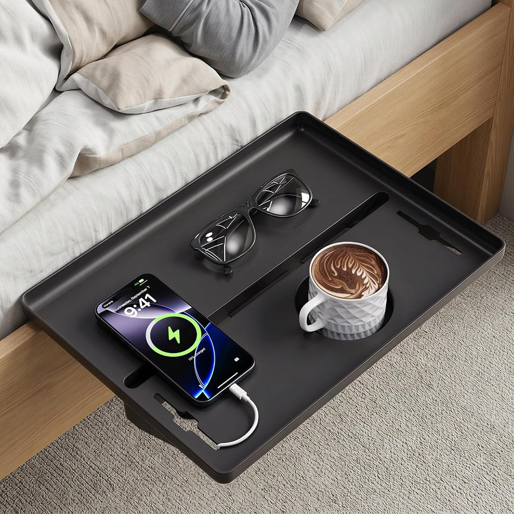 JOYMOOP Clip-On Bedside Shelf for Bunk Beds, Dorm Room Essentials, Bedside Caddy, No-Tool Install Bed Side Table Storage for Loft, Platform Beds, Nightstand Caddy for Phone, Glasses, Book, Black