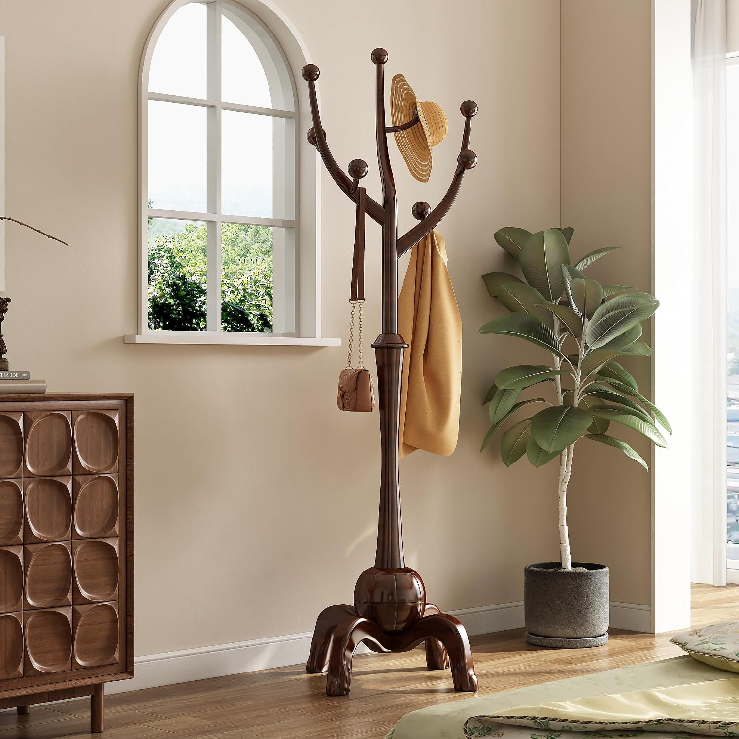Wood Freestanding Coat Rack 8 Hooks Coat Tree Standing,Dark Walnut | Wooden Creative Clothes Hanger with Sturdy Sphere Base and Tree Branch Hooks 160lb Load Capacity for Entryway Hallway Bedroom