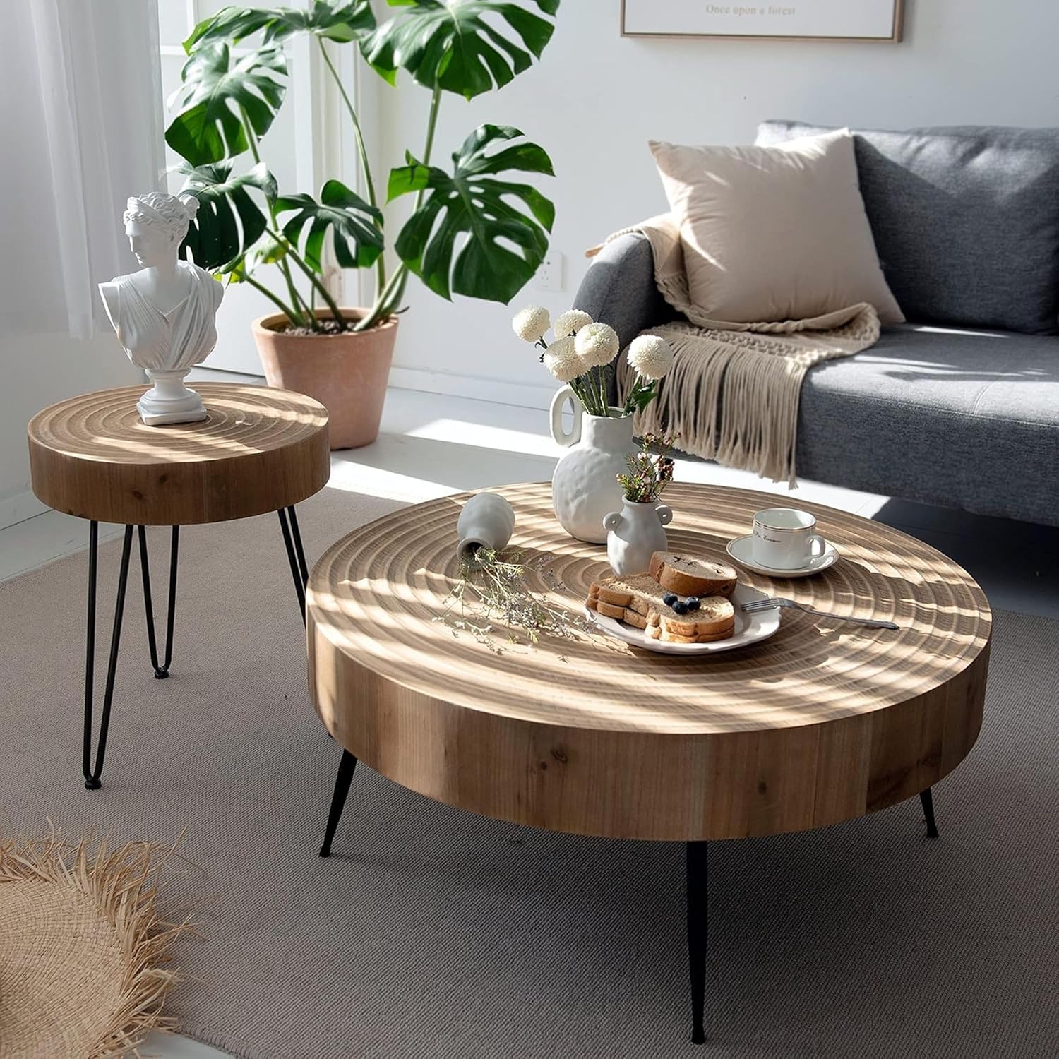 COZAYH 2-Piece Round Nesting Coffee Table Set, Natural Wood Top with Black Metal Legs, Ring Pattern – Rustic Farmhouse Accent for Living Room or Bedroom – Space-Saving Modern Furniture