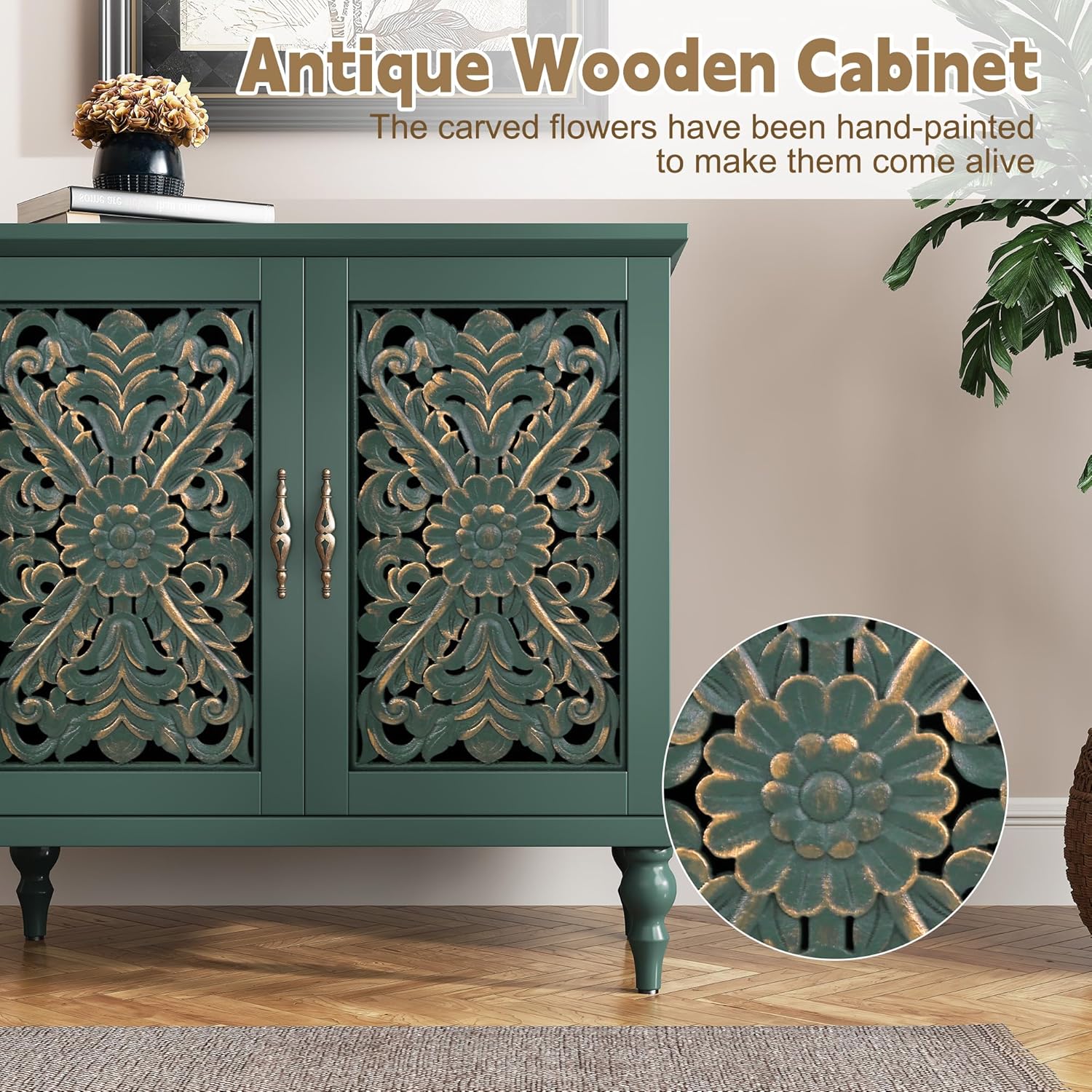ARTPOWER Accent Cabinet with 2 Doors, Vintage Carved Wood Storage Cabinet, Sideboard Buffet Cabinet with Storage Credenza for Living Room, Kitchen, Dining Room, Entryway, Hallway, Green