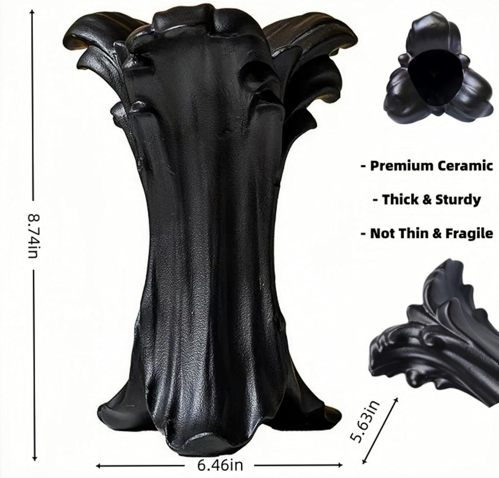 Vintage Gothic Ceramic Vase, 8.74×6.46×5.63inches, Matte Black Flower Vase for Red & Black Roses,Dark Academia Witchy Aesthetic Vase for Bedroom Living Room Dining Table