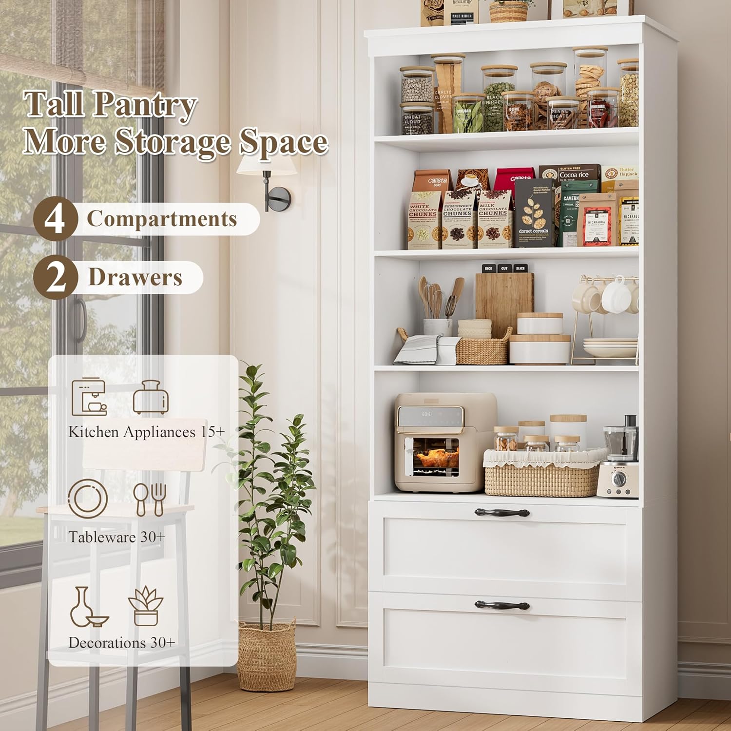 HOSTACK 70" Tall Kitchen Pantry Storage, Barn Doors Pantry Cabinet with Drawers and Adjustable Shelf, Modern Farmhouse Storage Cabinet for Kitchen, Dining Room, Living Room, Bathroom, White