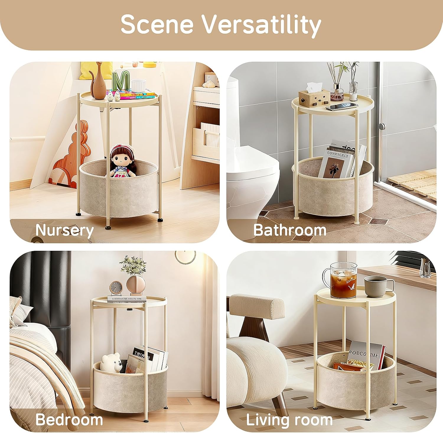 Small Round Side Table with Felt Storage Basket, Metal End Table with Removable Tray and Adjustable Feet, Accent Table for Nursery, Bedroom, Living Room, Laundry Room, Gold